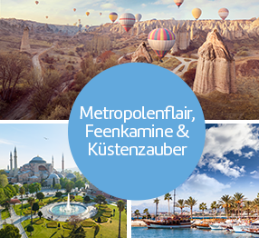 Bilder-Collage: Metropolenflair, Feenkamine und Küstenzauber.