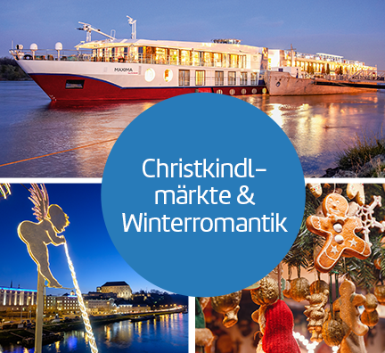Bild-Collage: Flussschiff MAXIMA Außenansicht, beleuchteter Engel am Wasser der Stadt Linz und Lebkuchenmann hängt in einem Verkaufsstand. Kreisgrafik mit Text: Christkindlmärkte & Winterromantik.