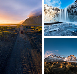 Bildcollage: Auto fährt im Sonnenuntergang, Wasserfall im Winter, Berge bei Höfn.