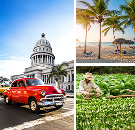 Bildcollage: Oldtimer der durch Havanna fährt, Blick auf einen Strand mit Plamen und Liegen in Varadero und ein Mann, der im Viñales-Tal auf einem Feld arbeitetarbeitet